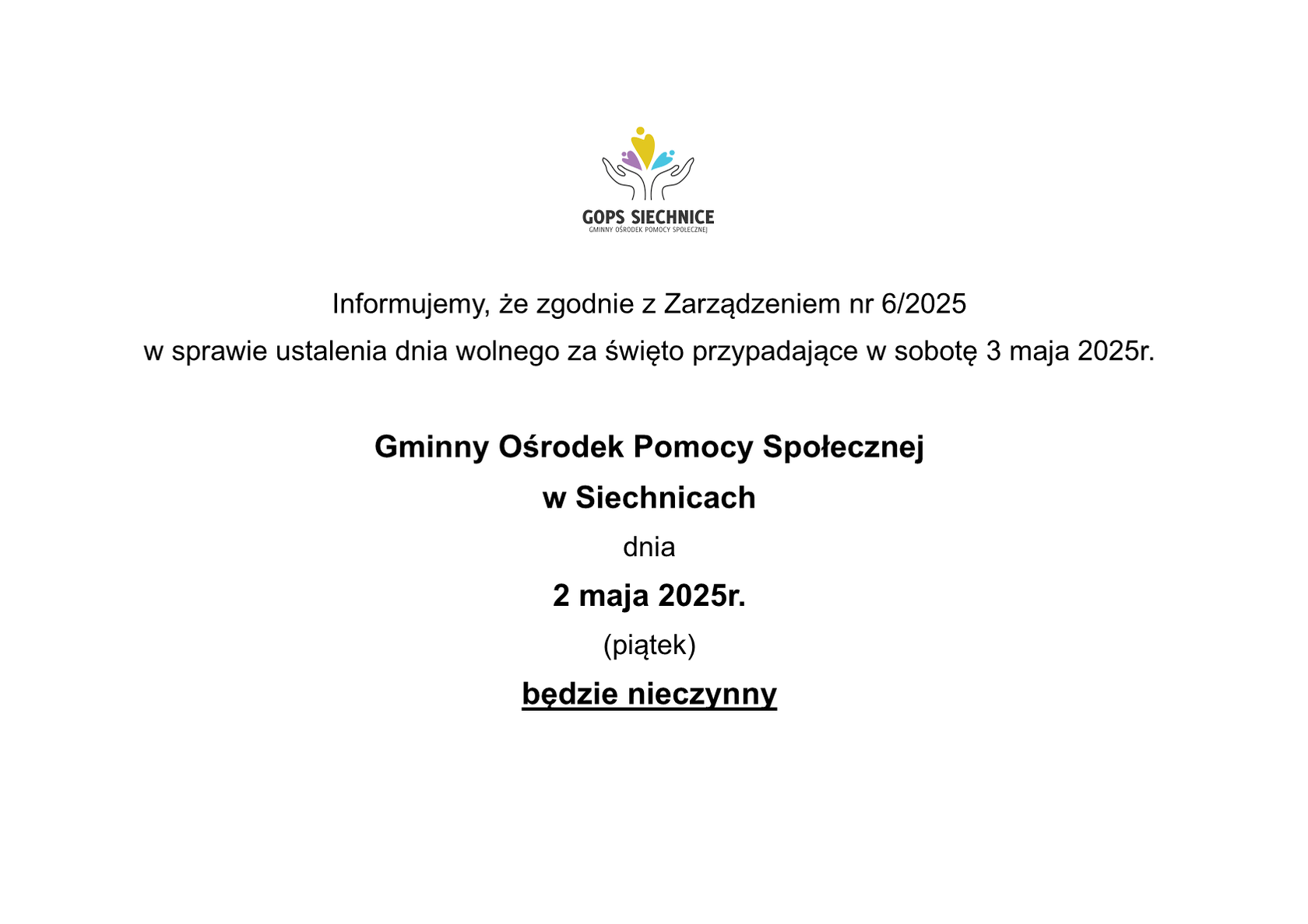 Informacja o dniu wolnym w dniu 2 maja 2025r. za święto przypadające w sobotę