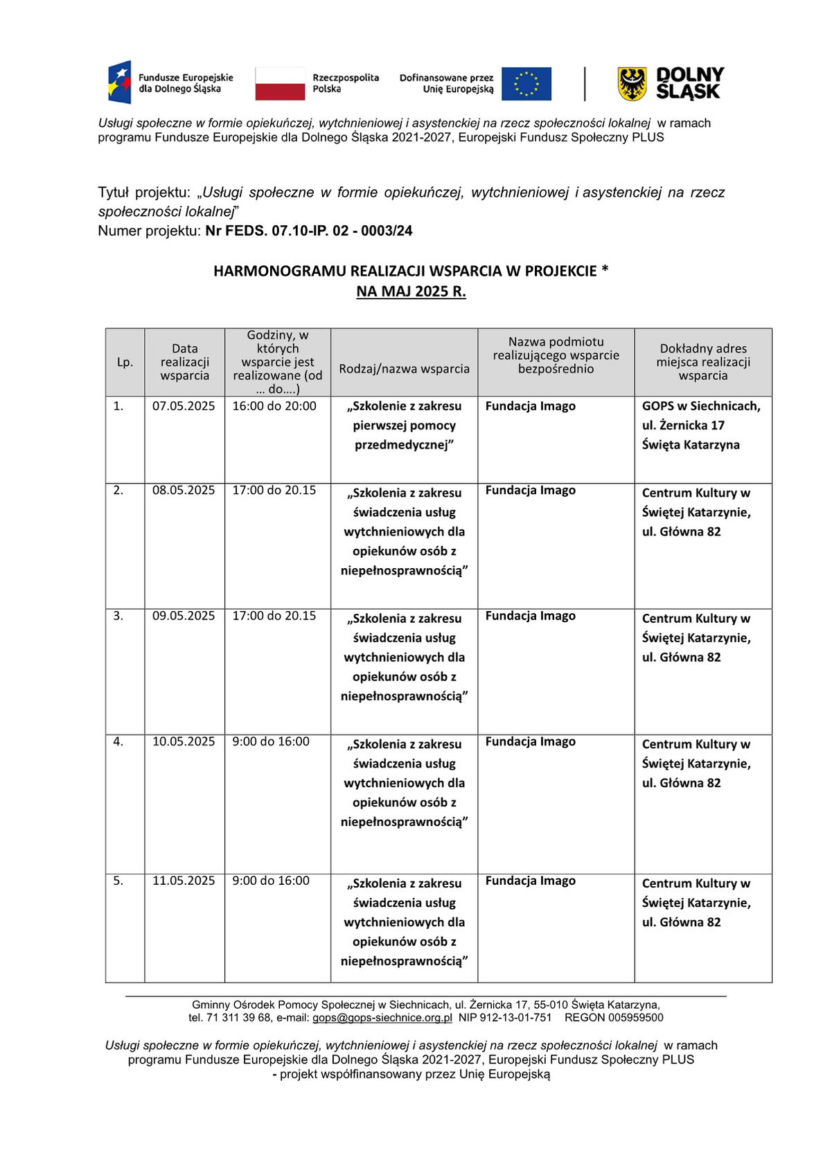 HARMONOGRAM REALIZACJI WSPARCIA W PROJEKCIE - MAJ 2025 - ZIT