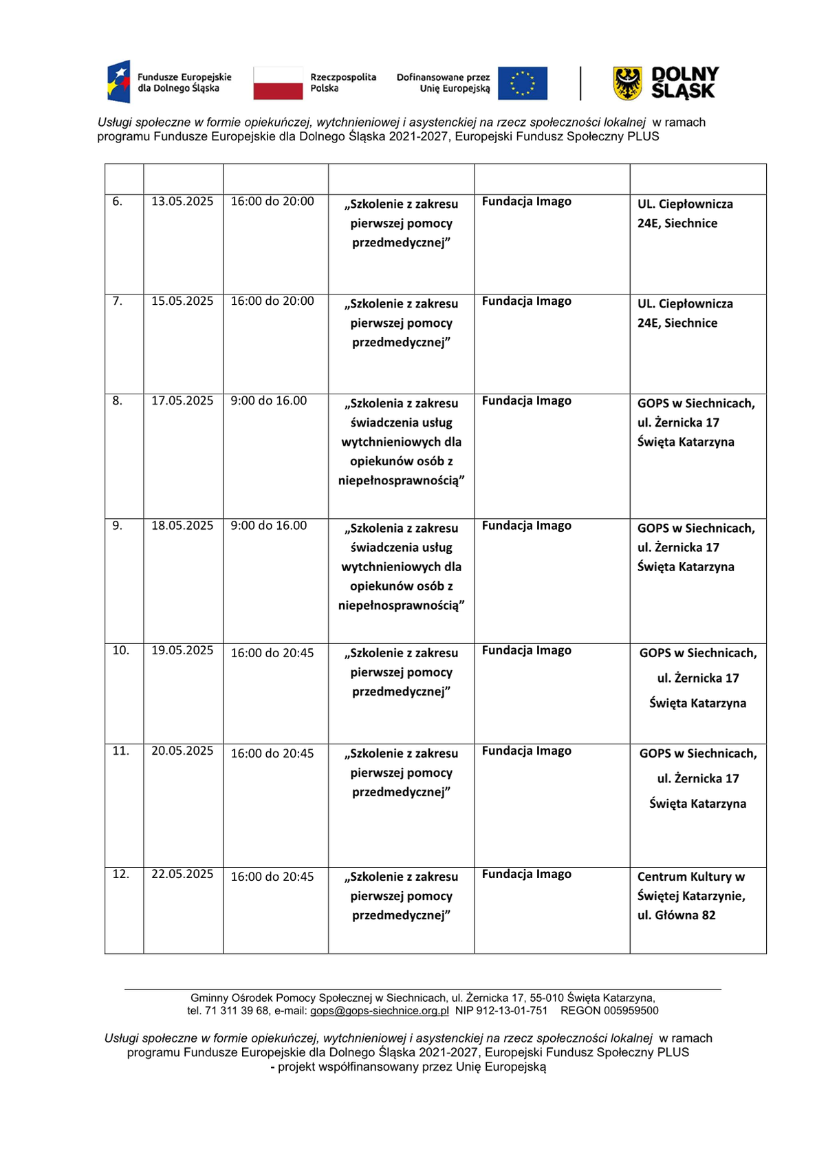 HARMONOGRAM REALIZACJI WSPARCIA W PROJEKCIE - MAJ 2025 - ZIT