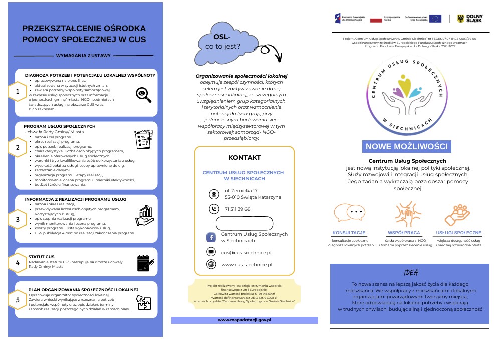 Ulotka informacyjna o przekształceniu OPS w Centrum Usług Społecznych w Siechnicach. Opisuje wymagania ustawy, organizowanie społeczności lokalnej, kontakt, cele CUS oraz jego nowe możliwości: konsultacje, współpracę i usługi społeczne.