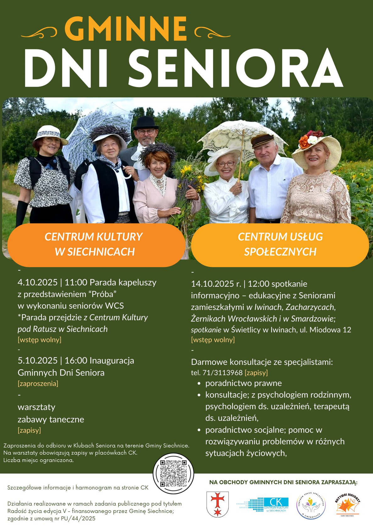 Plakat informacyjny „Gminne Dni Seniora”. Zawiera daty wydarzeń: parada kapeluszy 4.10.2025, inauguracja 5.10.2025, spotkanie edukacyjne i konsultacje 14.10.2025. Organizatorzy: CK, CUS, Gmina Siechnice. Wstęp wolny lub zapisy.