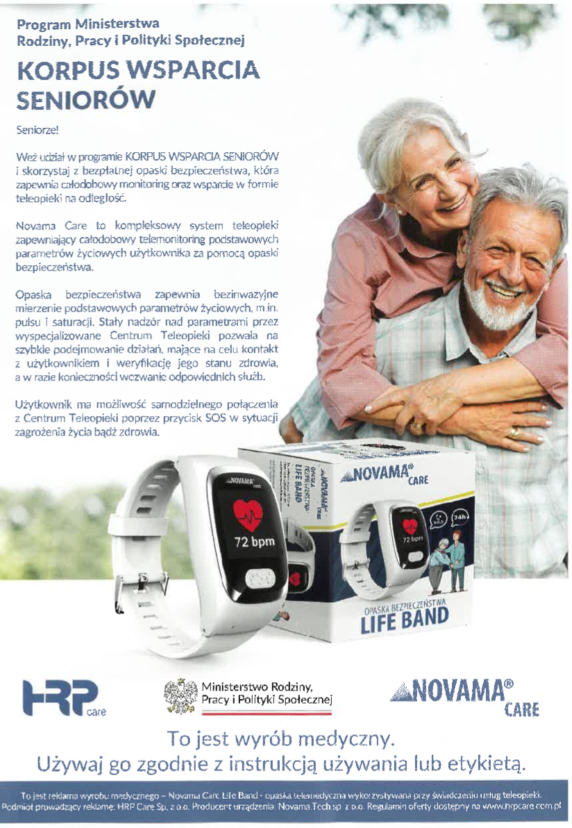 Grafika promująca program Korpus Wsparcia Seniorów. Widoczne są uśmiechnięci seniorzy oraz opaska bezpieczeństwa Novama Care Life Band, służąca do monitorowania parametrów życiowych i kontaktu z centrum teleopieki. Logo Ministerstwa Rodziny, Pracy i Polityki Społecznej.