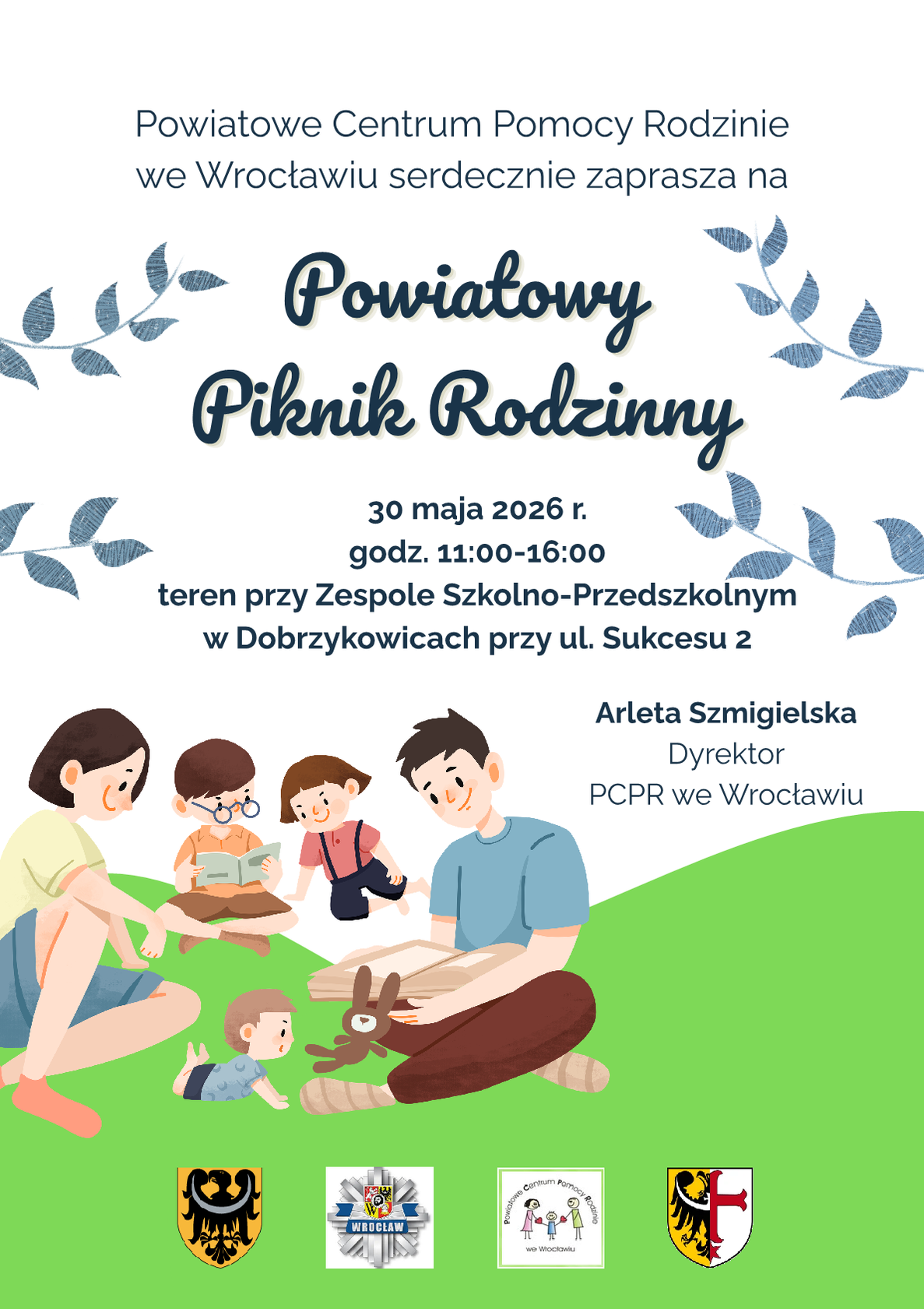 Plakat - zaproszenie na Powiatowy Piknik Rodzinny w Dobrzykowicach. Wydarzenie odbędzie się 30 maja w godz. 11:00 - 16:00 przy szkole.