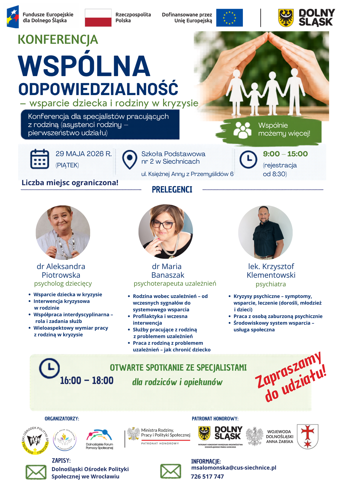 Plakat informujący o zapisach na konferencję - Wspólna odpowiedzialność - wsparcie dziecka i rodziny w kryzysie, która odbędzie się 29 maja 2026r.w Siechnicach