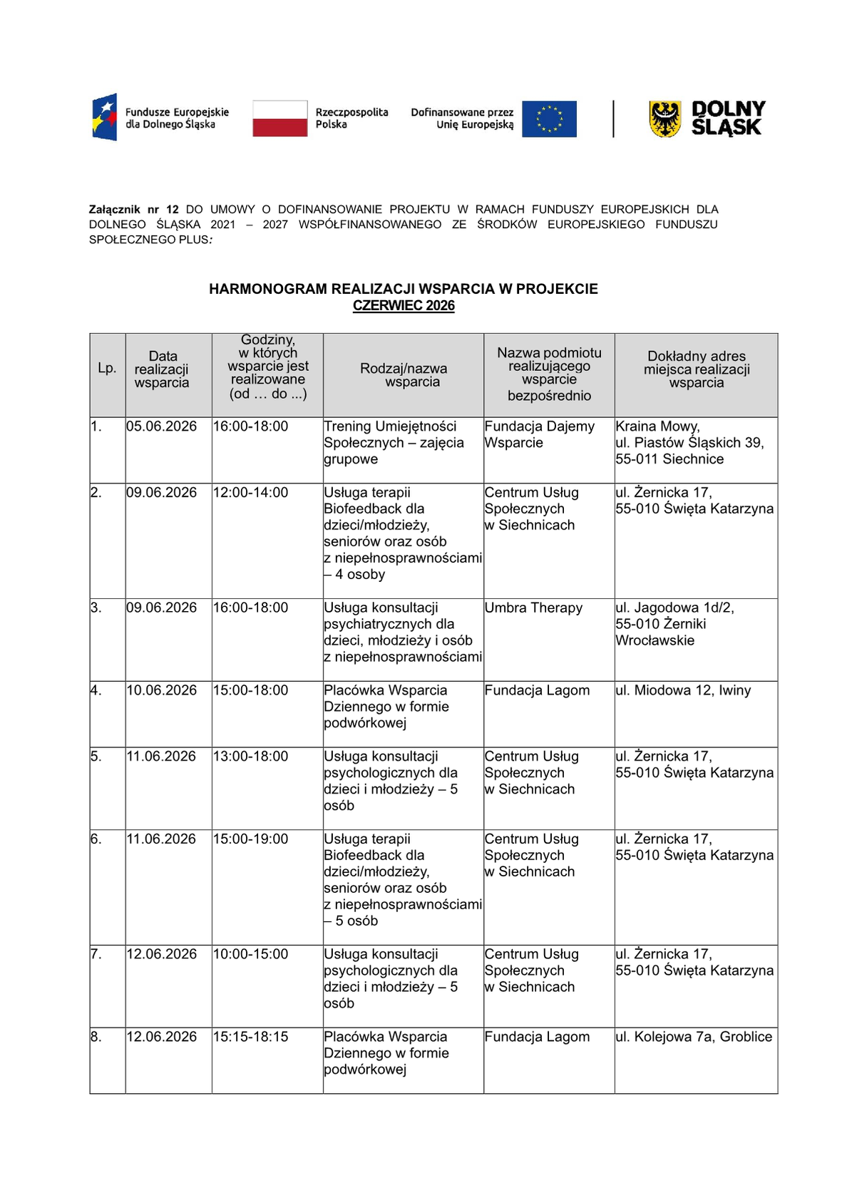 przedstawia harmonogram działań w poszczególnych dniach, dostępny w formacie pdf jako plik do pobrania