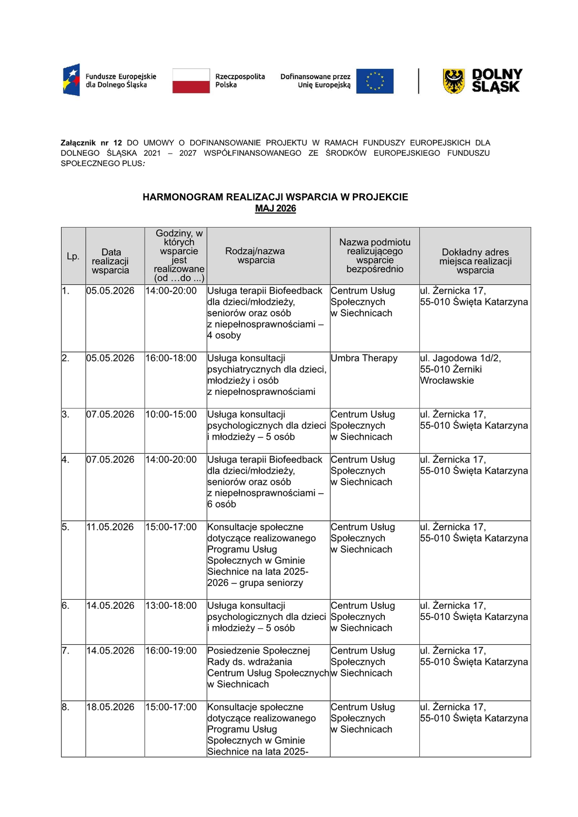 przedstawia harmonogram działań w poszczególnych dniach, dostępny w formacie pdf jako plik do pobrania