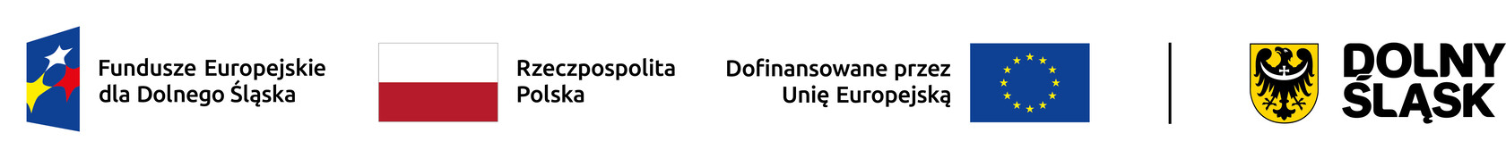 Logotypy programu Fundusze Europejskie dla Dolnego Śląska, Rzeczypospolitej Polskiej, Unii Europejskiej z informacją „Dofinansowane przez Unię Europejską” oraz herb Województwa Dolnośląskiego