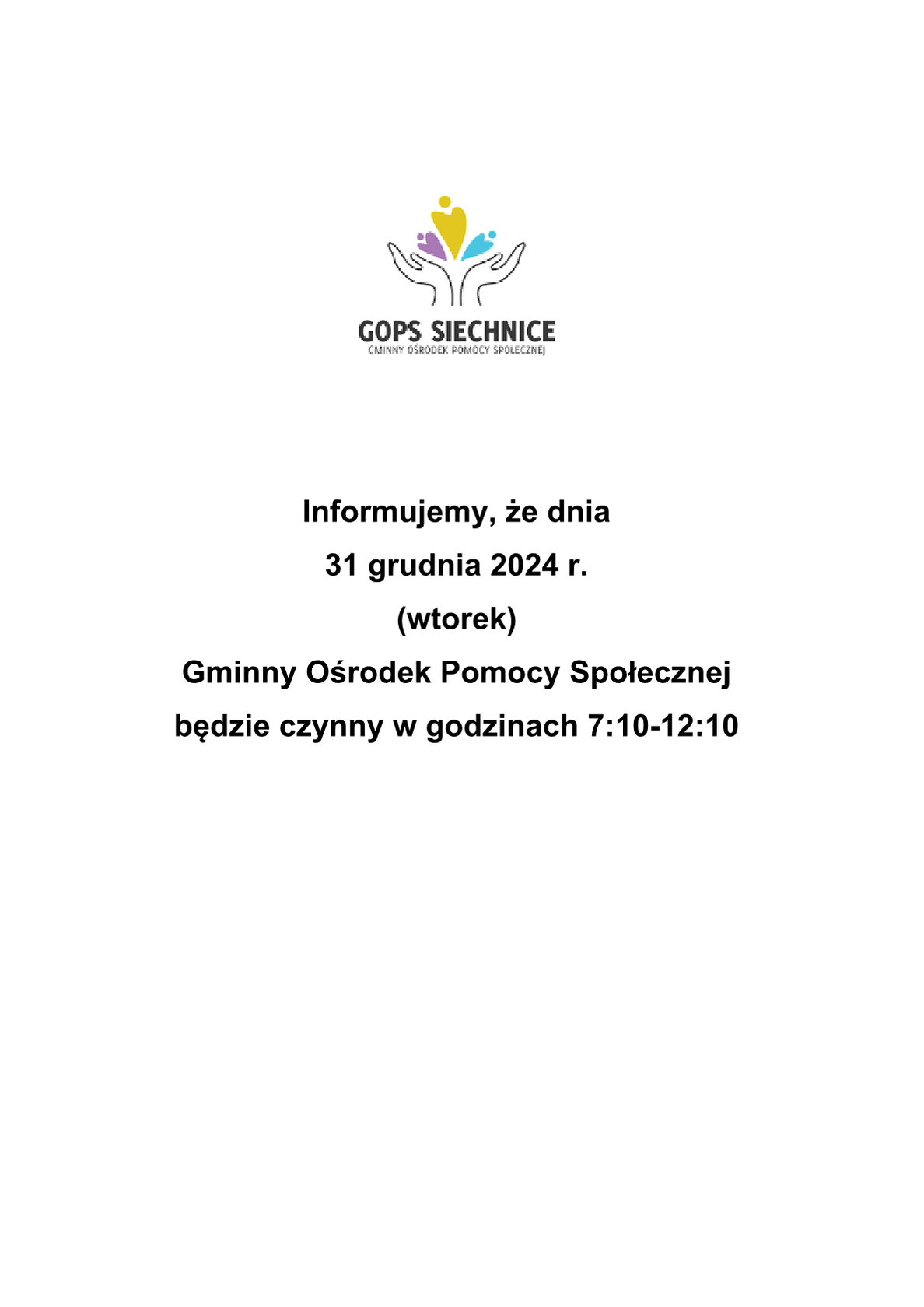 Informacja o skróceniu godzin pracy w dniu 31-12-2024r.