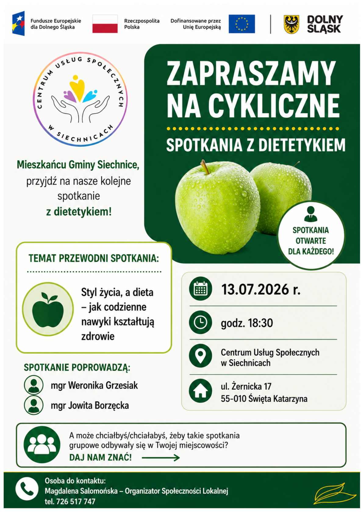 Aktualność: Cykliczne spotkania z dietetykiem w CUS w Siechnicach